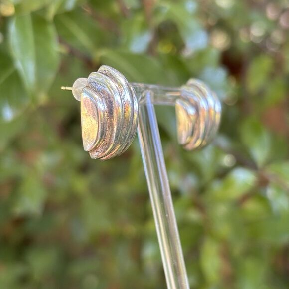 Vintage Mexican Sterling Silver Ribbed Dome Earrings 14K Posts Signed BARRA 8.9g - Picture 3 of 8